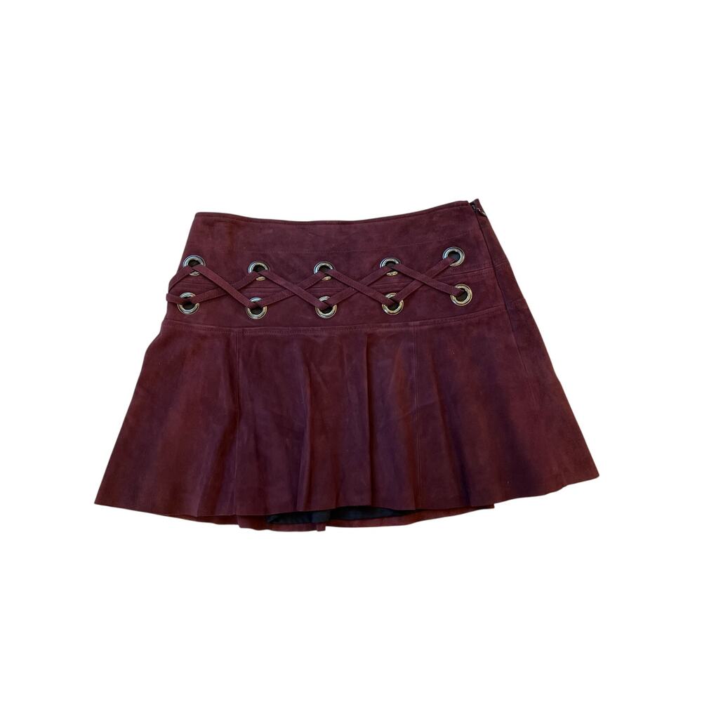 NWT Parker Cordovan Suede Lace-Up Mini Skirt Size 4 Burgundy Leather MSRP $398